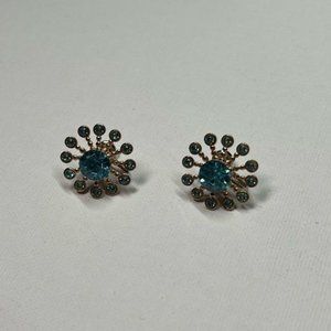 VINTAGE Gold Tone Screw Back Earrings w  Blue and Clear Rhinestones